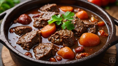 Hartige runderstoofpot in een gietijzeren pan, gegarneerd met verse peterselie.