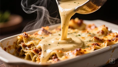 Béchamelsaus wordt gegoten over een lasagne.