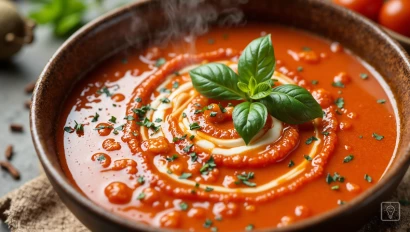 Warme tomatensoep met verse basilicum en room.