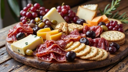 Charcuterieplank met diverse kazen, vleeswaren en fruit.