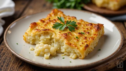 Aardappelgratin met een gouden korst, geserveerd op een houten tafel.