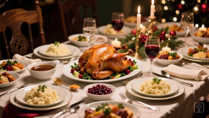 Gedekte tafel met klassiek kerstdiner.