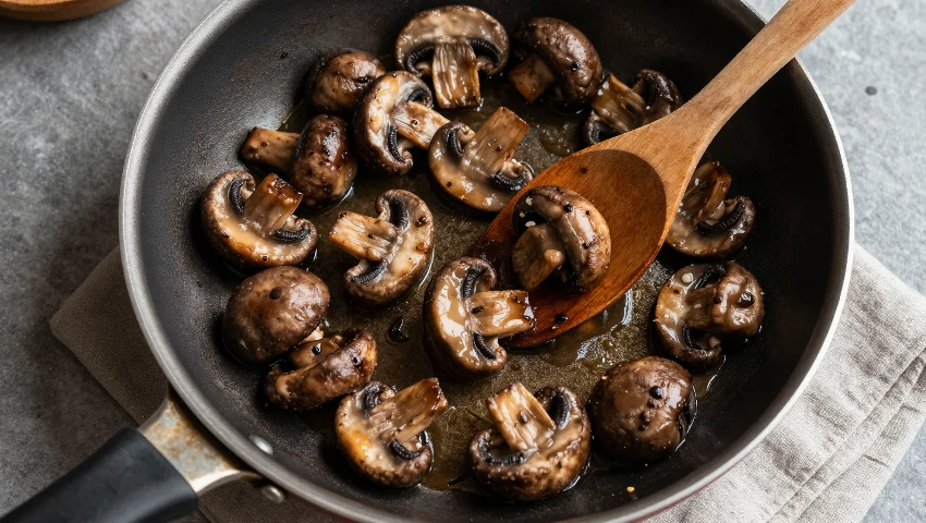 Champignons bakken van bovenaf