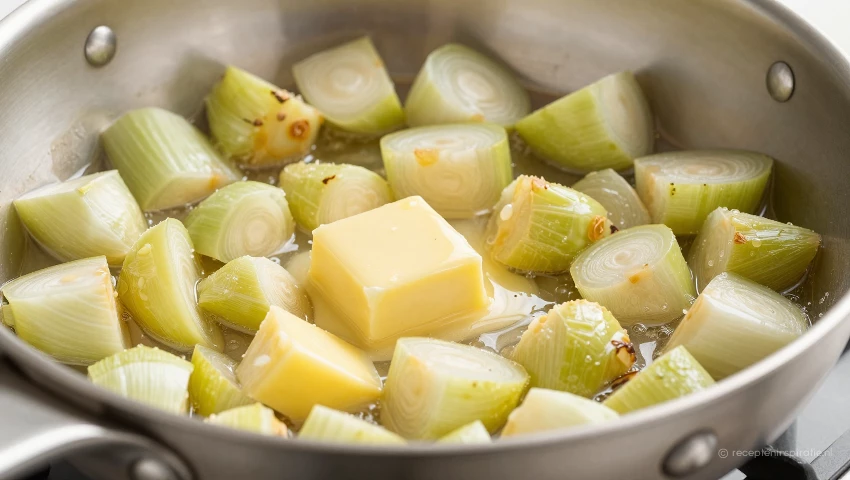Knolselderij die zachtjes pruttelt in boter