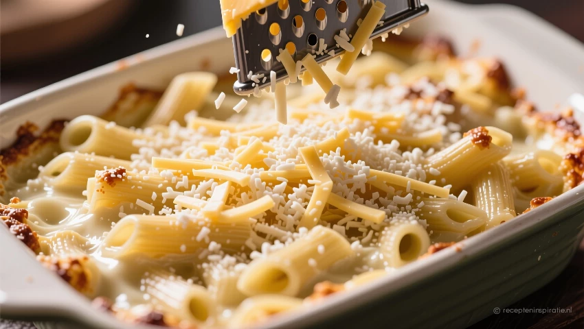 Geraspte kaas gelijkmatig over pasta verdelen