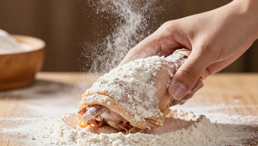 Handen bestuiven kip met bloem