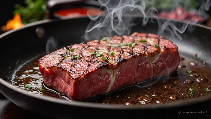 Biefstuk aan het braden in een pan