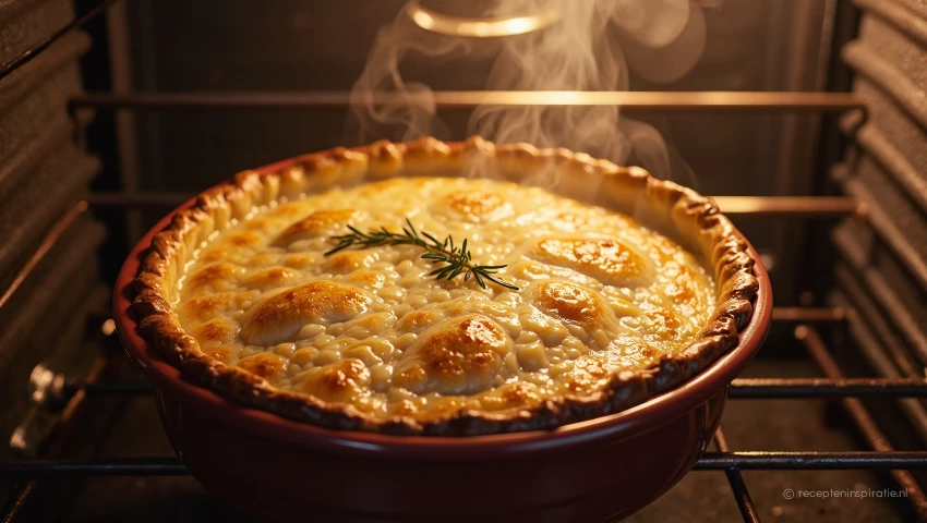 Overzicht van fish pie in oven