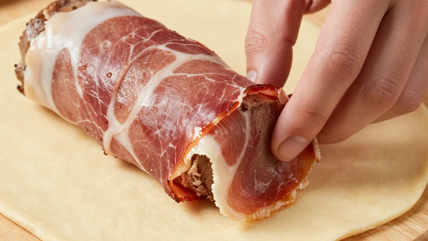 Biefstuk plaatsen op croissantdeeg