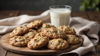 Versgebakken koekjes op een rustieke houten tafel.