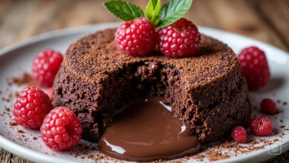 Warme chocolade lava cake met verse frambozen.