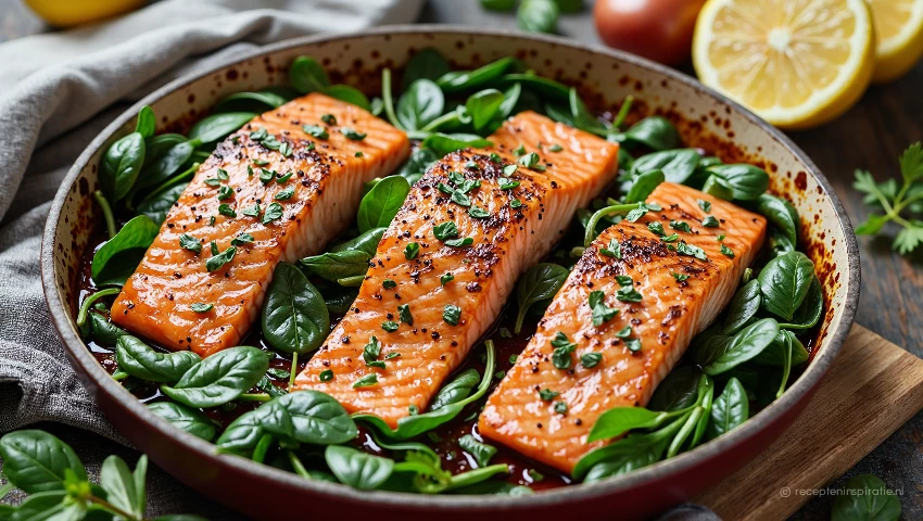 Schotel met zalm en spinazie