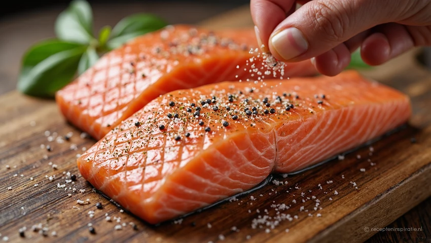 Zalm kruiden met zout en peper