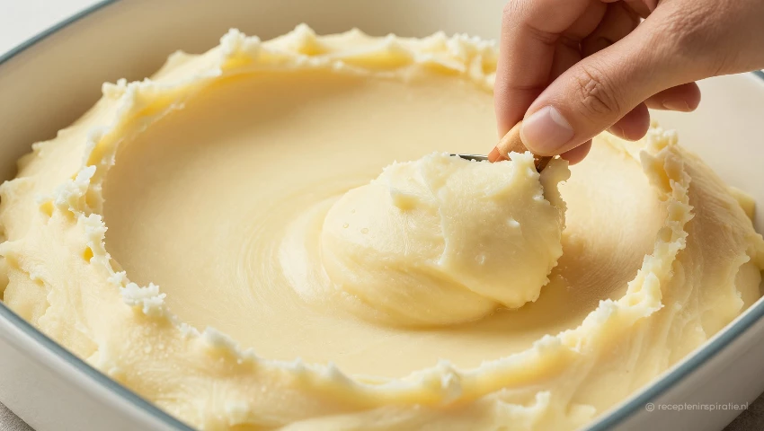 Aardappelpuree gladstrijken over vulling