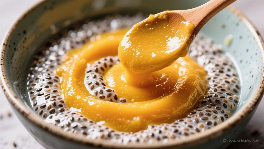 Chiazaadpudding mengen met mango puree