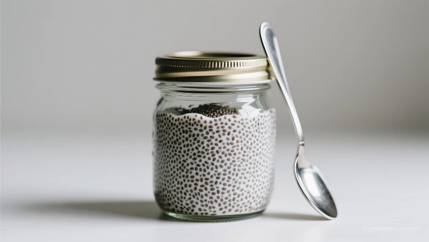Afgesloten glazen pot met chiazaadpudding en lepel