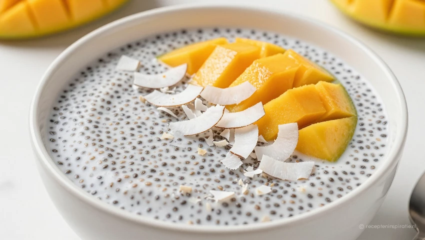Kom met chiazaadpudding, mango en kokosrasp