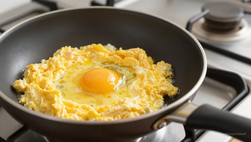 Keuken met pan met scrambled eggs