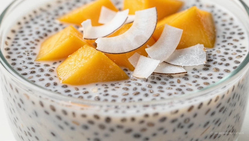 Close-up van chiazaadpudding met mango en kokosrasp