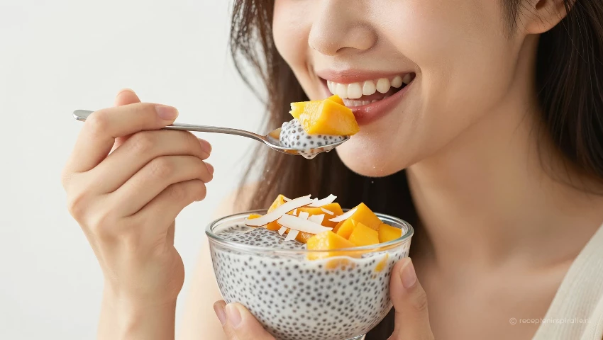 Persoon neemt hap van chiazaadpudding met mango en kokosrasp