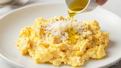 Scrambled eggs afwerken met truffelolie en kaas
