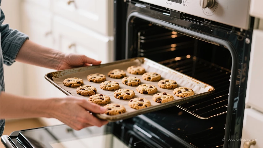 Persoon haalt bakplaat met koekjes uit de oven.