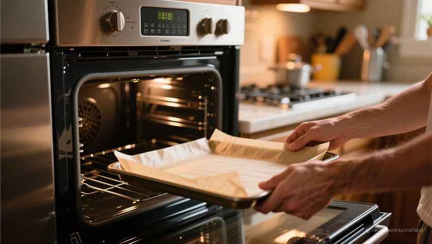 Oven wordt voorverwarmd en bakplaat wordt klaargemaakt.