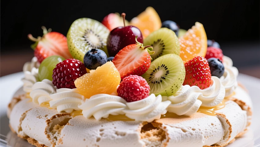 Versierde pavlova met fruit van dichtbij