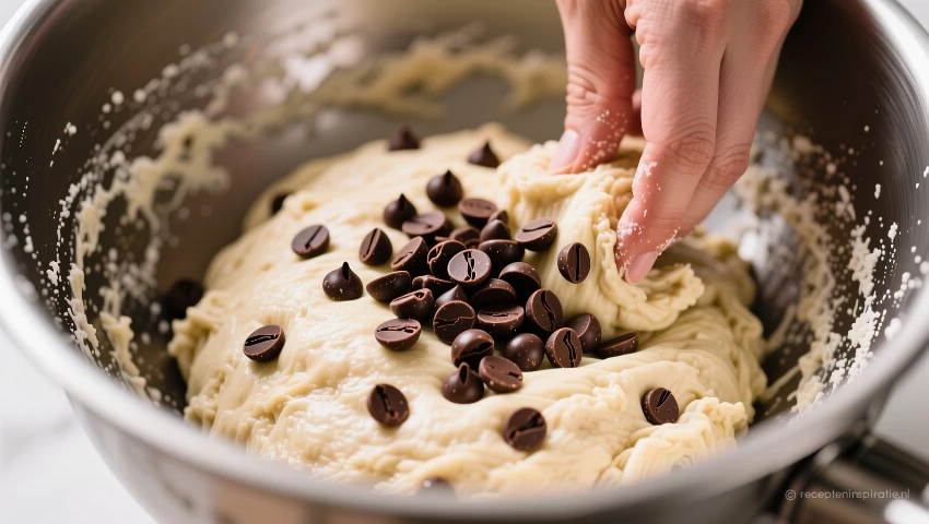 Kom met deeg en chocolade chips worden gemengd.