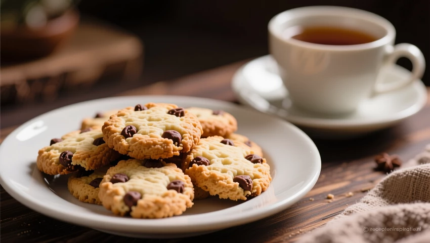 Plateau met vers gebakken koekjes en een kop thee.