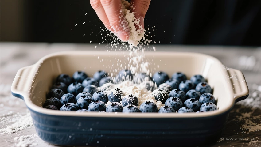 Hand bestuift de bodem van de ovenschaal met bloem.