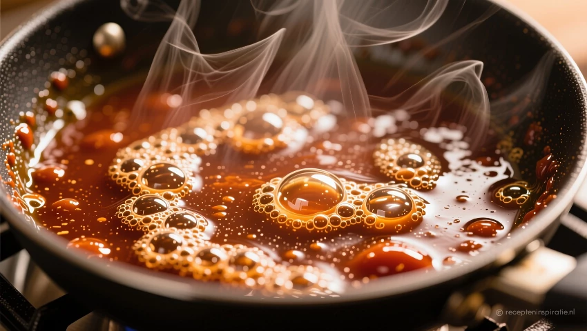 Teriyaki saus sudderen in een pan