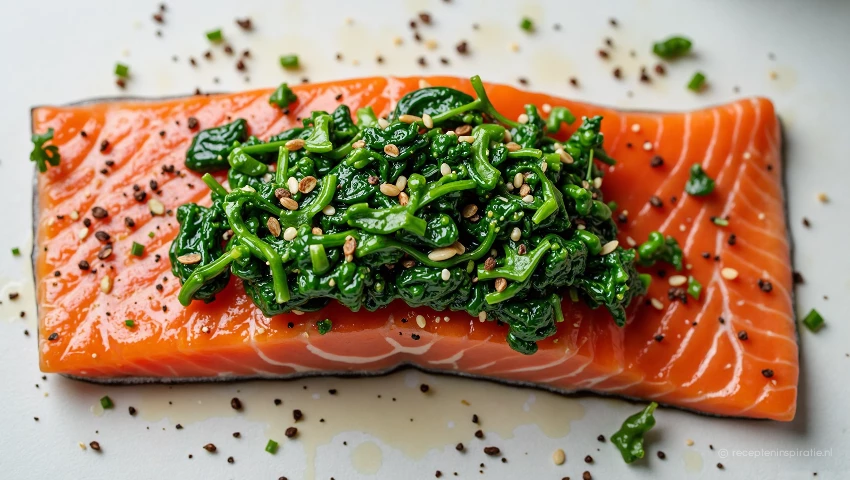 Zalm met spinazie bedekken
