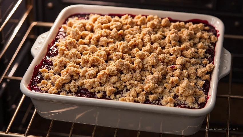 Ovenschaal met crumble in de oven.