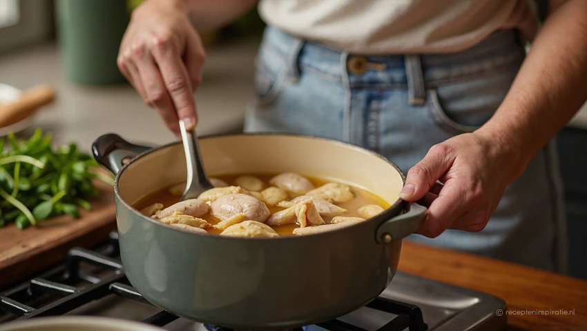 Persoon die kippenbouillon roert