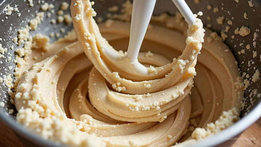 Kom met deeg vormt zich met zichtbare ingrediënten.