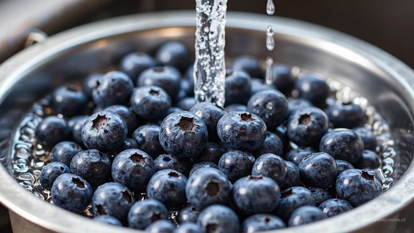 Verse bosbessen spoelen in een zeef.