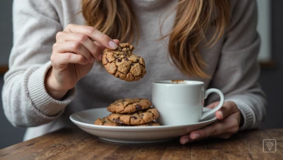 Persoon geniet van een koekje met een kop koffie.