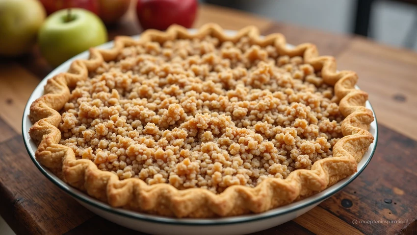 Goudbruine kruimeltopping op appeltaart