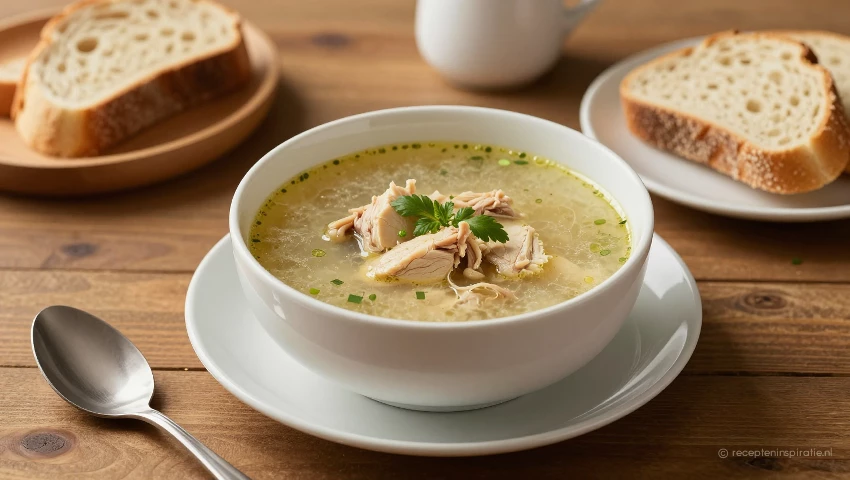 Kippensoep op eettafel