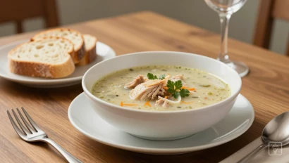 Kippensoep op eettafel