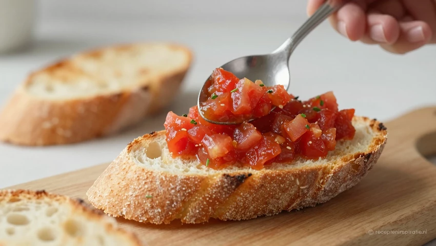 Hand legt tomatenmengeling op brood