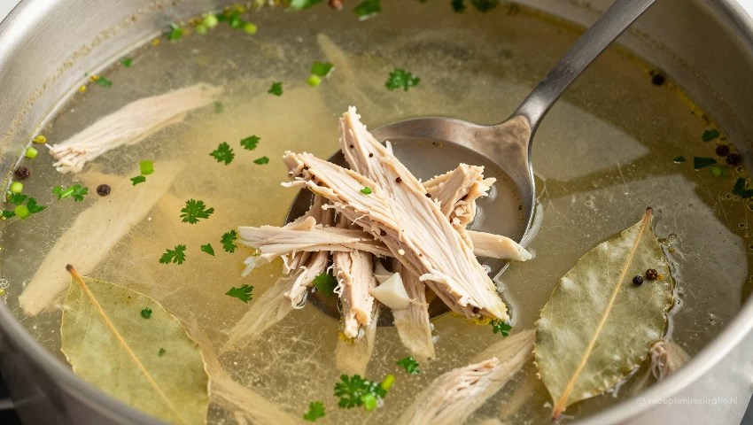 Lepel roert soep met kip