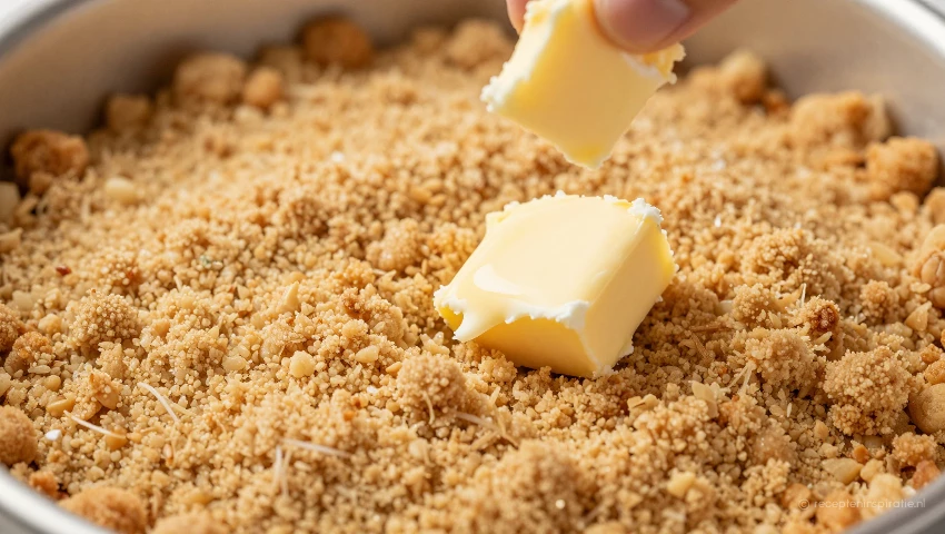 Kleine klontjes boter over kruimeltopping verdelen