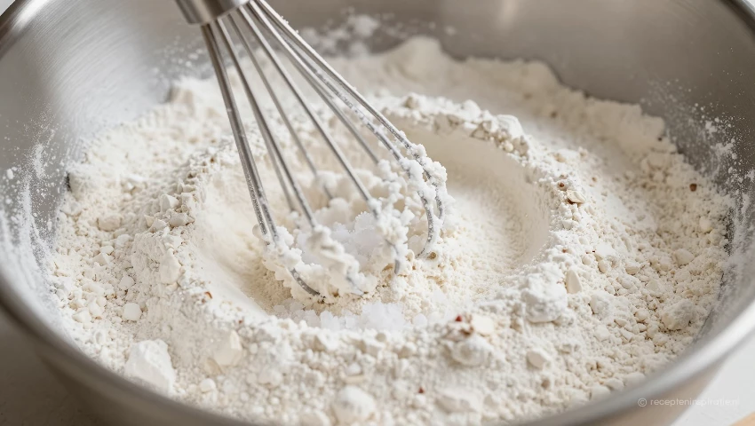 Kom met bloem, bakpoeder en zout worden gemengd.