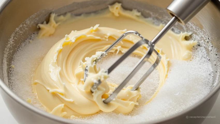 Vegan boter en suiker worden gemengd met een mixer.