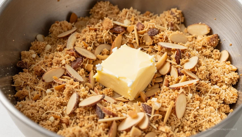 Kom met kruimeltopping en amandelschaafsel.