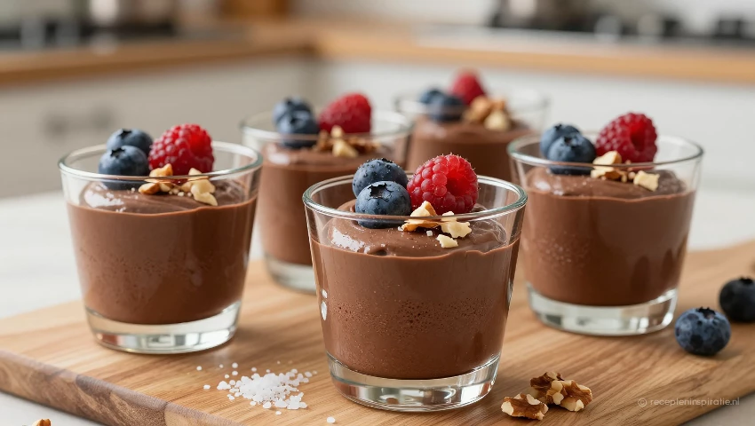 Garnituur chocolademousse met bessen en noten.