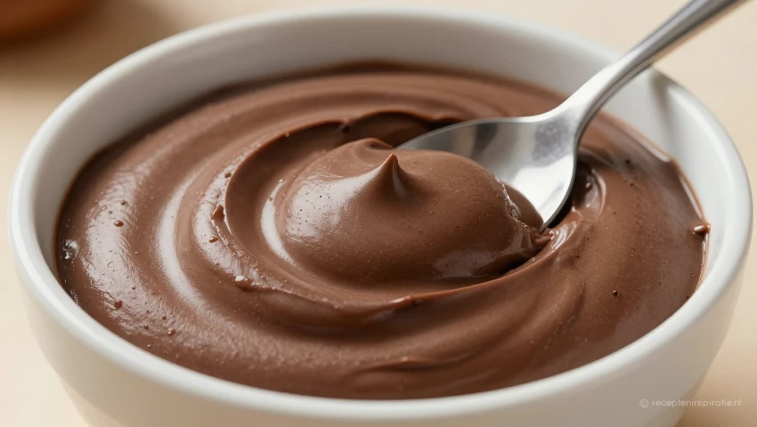 Mousse in kom, gladde textuur, warme gloed.