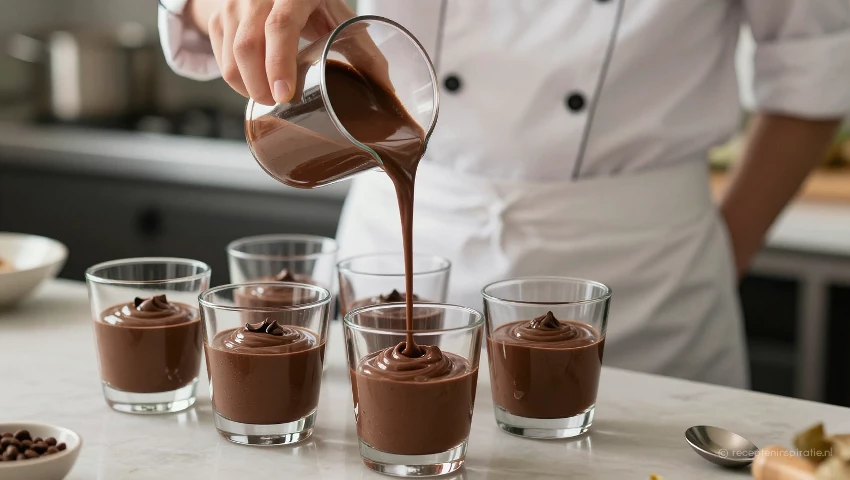 Kok giet chocolademousse in glazen.